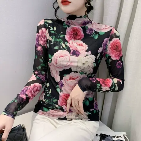 时尚印花网纱T恤女春秋妈妈装加绒半高领打底衫长袖修身显瘦上衣商品大图