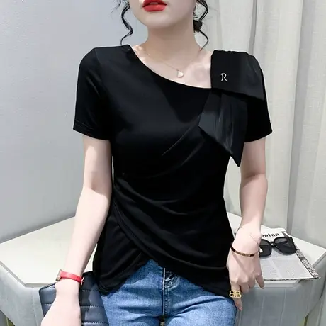 网红个性T恤女短袖欧货设计感不规则上衣下摆开叉小衫修身半袖夏商品大图
