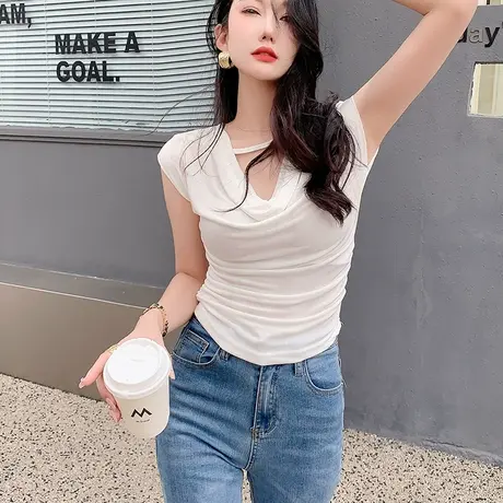 欧货性感V领无袖T恤女夏装时尚洋气坎肩褶皱上衣短款辣妹半袖小衫商品大图