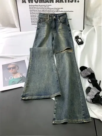 韩版复古磨白破洞牛仔喇叭裤2023秋季新款显瘦百搭弹力高腰微喇裤图片