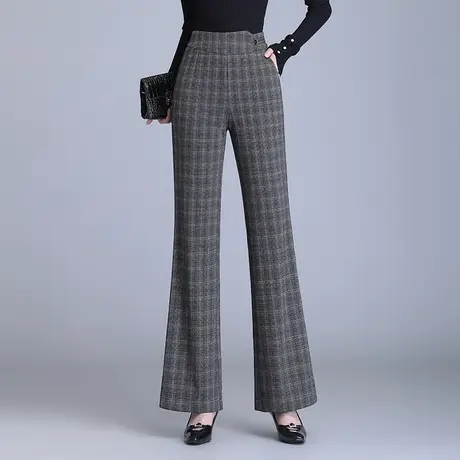 高腰格子喇叭裤秋款女裤子2023新款韩版显瘦垂感休闲裤微喇裤长裤图片