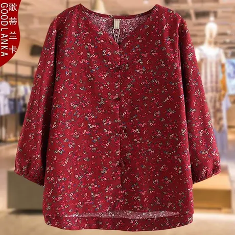 中老年妈妈夏装t恤女2022新款加大码宽松洋气妈妈装碎花棉麻上衣商品大图