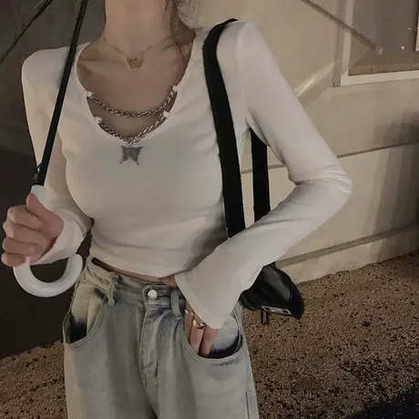 ins春夏链条长袖T恤女修身韩版2023新款设计感小心机打底衫上衣潮图片