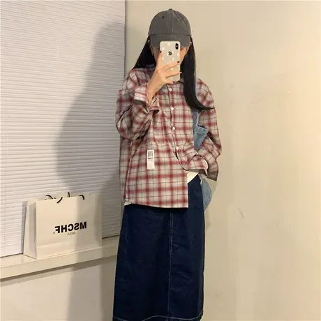 红续自制~2023春秋新款格子衬衫女复古港味宽松百搭长袖上衣外套图片
