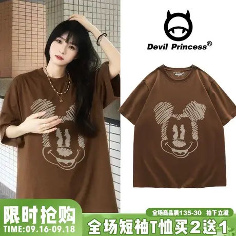 ulzzang小众设计感卡通正肩咖啡色短袖女t恤宽松学院风潮牌上衣夏图片