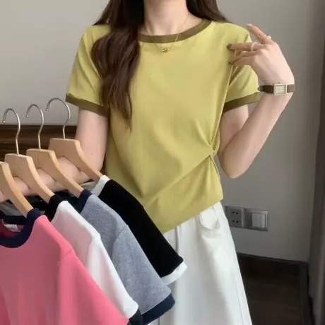 不规则短款半袖T恤女2023新款夏季修身百搭纯棉短袖打底衫上衣潮商品大图
