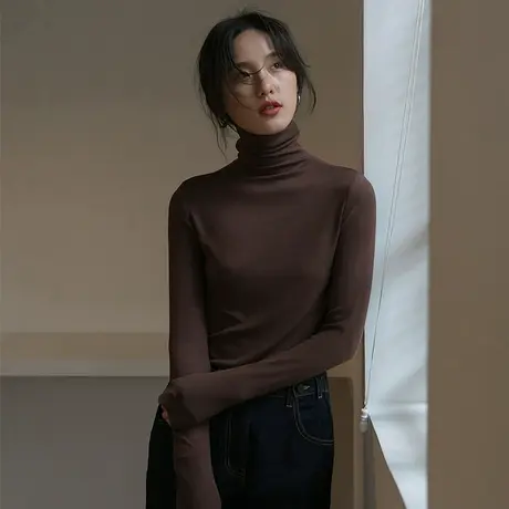 大码双面绒德绒打底衫女高领ins潮洋气秋冬内搭加绒叠穿咖色上衣图片