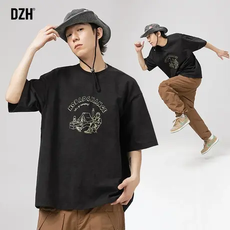 男士黑色短袖t恤男美式潮牌夏季半袖上衣2023年新款纯棉印花体恤商品大图