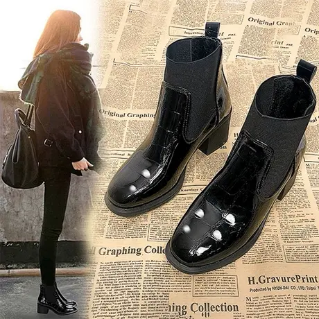 切尔西短靴女英伦风粗跟及踝靴2023年春季新款百搭漆皮中跟马丁靴商品大图