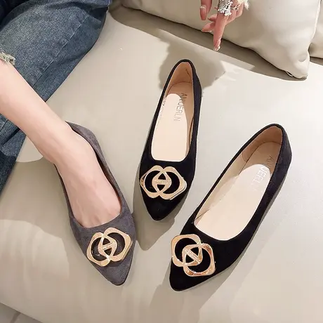 尖头单鞋女春秋2023新款百搭网红平底金属扣一脚蹬仙女温柔豆豆鞋图片