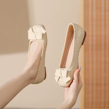 2023秋季新款软底编制蝴蝶结奶奶鞋软皮一脚蹬单鞋复古方头平底鞋商品大图