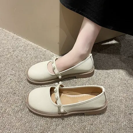 小香风法式单鞋女2023秋季新款浅口圆头珍珠一脚蹬复古学院小皮鞋图片