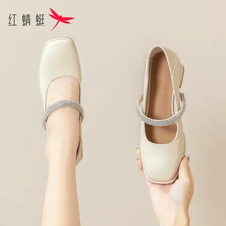 红蜻蜓女鞋2023夏季新款浅口方头玛丽珍鞋女法式粗跟百搭水钻单鞋商品大图