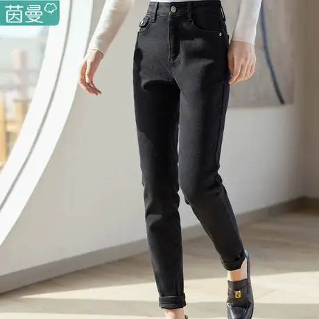 茵曼加绒小脚牛仔裤2023年冬季女装新款高腰弹力修身显瘦黑色长裤图片