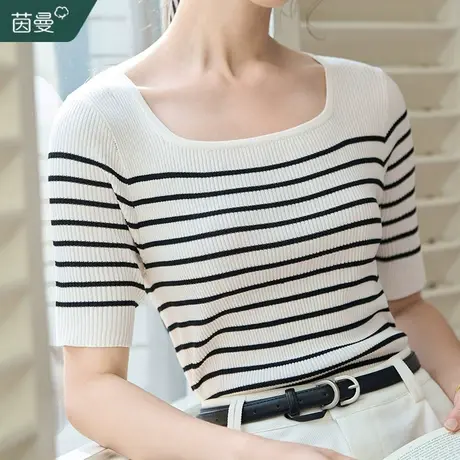 茵曼旗舰店冰爽丝凉感短袖T恤2023夏季新款方领条纹薄款针织上衣图片