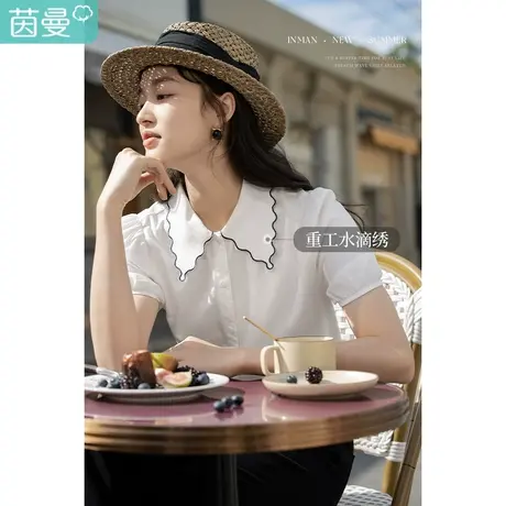 茵曼法式花边衬衫女2023夏季新款宽松泡泡袖气质通勤短袖别致衬衣商品大图