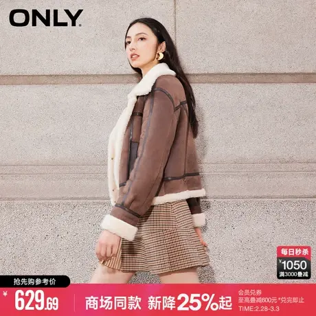 ONLY冬季时尚百搭直筒PU羊羔绒翻领短外套女商品大图