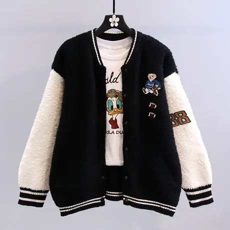 卡通羊羔绒拼色毛衣外套女秋冬2023年新款棒球服宽松外穿针织开衫图片