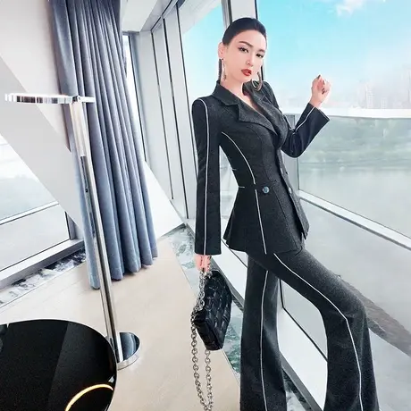 VJE时尚织带翻领西装套装女秋新款小西服外套微喇长裤两件套图片