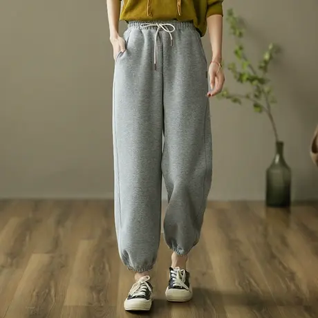 dza 高腰显瘦休闲裤子女士春季新款卫裤百搭系绳运动裤九分哈伦裤图片