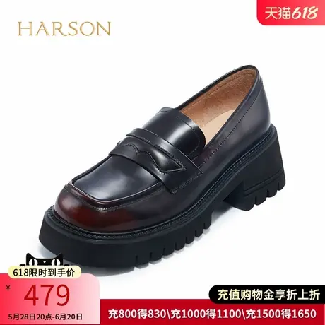 哈森秋季新款时尚休闲圆头乐福鞋粗高跟深口单鞋女HL228806商品大图