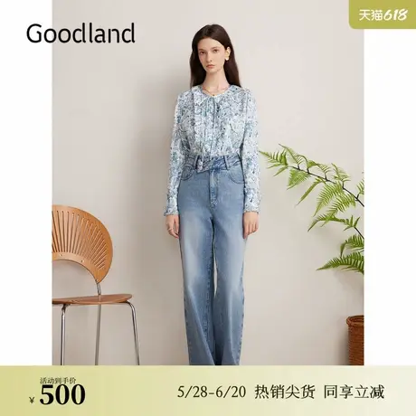 Goodland美地秋季斜纹绸印花飘带衬衫碎花荷叶边上衣图片