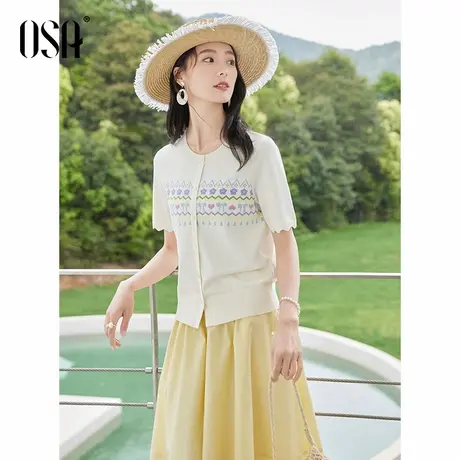 OSA欧莎民族风提花印花针织衫女夏季新款减龄圆领套头衫上衣图片