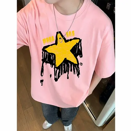 美式复古星星短袖t恤男夏季新款宽松高街半袖潮牌情侣圆领上衣服商品大图