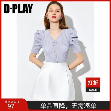 DPLAY德帕拉2022秋季新款温柔香芋紫针织打底衫蝴蝶结钻扣上衣图片