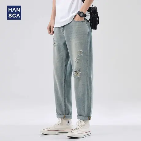 hansca破洞水洗微锥牛仔裤男夏季新款美式潮牌痞帅浅色直筒九分裤商品大图