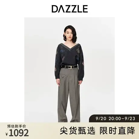 DAZZLE地素奥莱春秋法式慵懒宽松V领提花套头针织毛衣上衣女图片