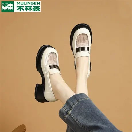 木林森乐福鞋女2025年夏季厚底增高透气一脚蹬漆皮镂空蕾丝小皮鞋图片