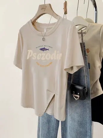 chic学院风短袖女t恤夏季不规则设计感开叉大码显瘦ins潮百搭上衣商品大图