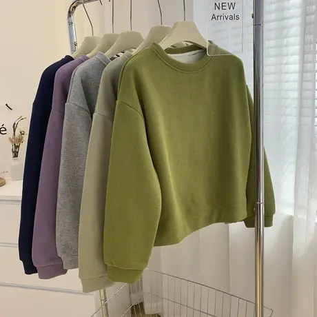 小个子纯色加绒圆领卫衣女2022冬季宽松显瘦短款加厚保暖套头上衣商品大图