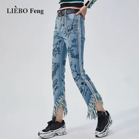 裂帛LIEBOFeng设计师品牌2023年春新款不规则毛边刺绣牛仔九分裤商品大图