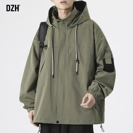 男士军绿色外套男春秋款潮高级感连帽男装2023新款连帽冲锋衣夹克图片