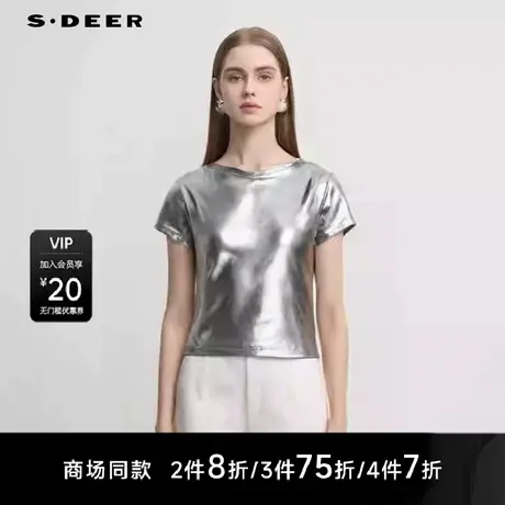 【商场同款】sdeer圣迪奥女个性一字领亮面修身短袖T恤S25280141商品大图