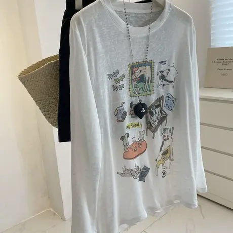 韩系减龄涂鸦印花长袖防晒衫女！夏宽松凉感莱赛尔透视空调衫罩衫商品大图