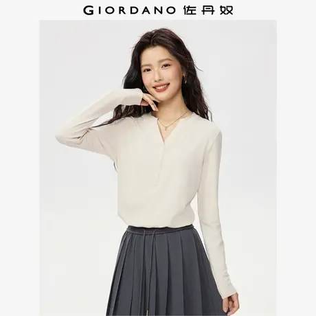 佐丹奴长袖T恤女新款弹力针织打底衫纯色小V领收腰上衣女05325797商品大图