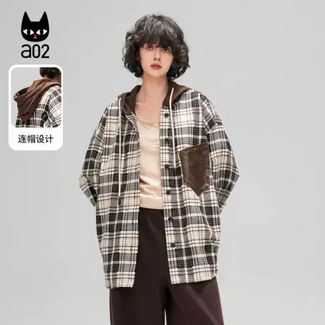 a02【ET自然系列】休闲连帽格子衬衫2025年春季新款女士衬衣外套图片