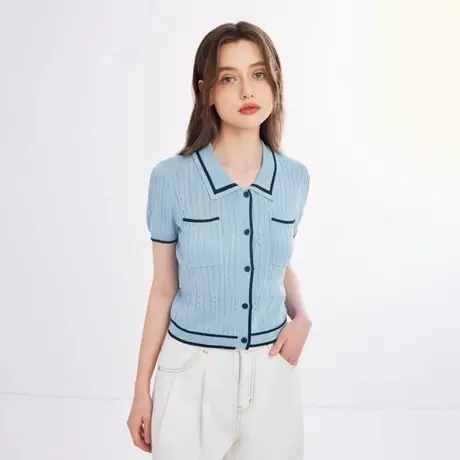 【来了就好】乐町 小香风粉色针织开衫翻领撞边短袖针织甜美上衣图片