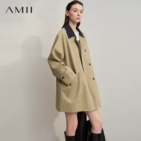 Amii2025秋季简约日系风翻领撞色中长款款款翻领风衣外套女商品大图