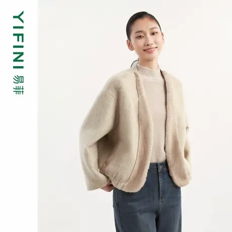 [商场同款]Yifini/易菲精致仿貂毛花纱短款双面呢外套气质上衣女图片
