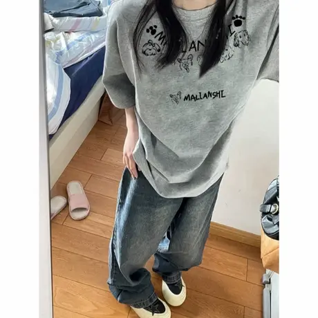纯棉美式复古字母印花短袖t恤女2025新款设计感小众宽松半袖上衣商品大图