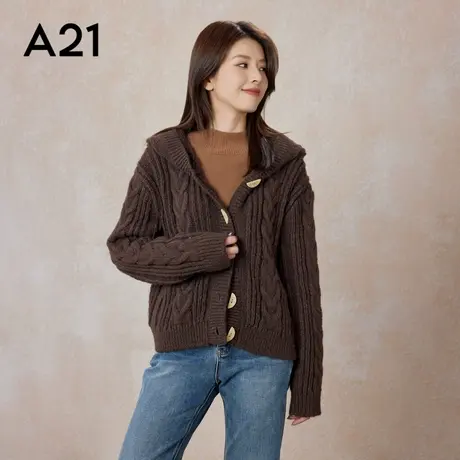 A21女装宽松连帽落肩开胸毛织外套春秋季新品休闲百搭慵懒风开衫商品大图