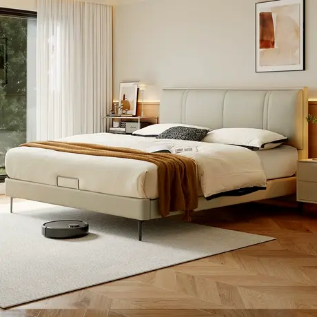 政府补贴15%真皮床主卧头层牛皮意式轻奢现代软包薄床头双人床705图片