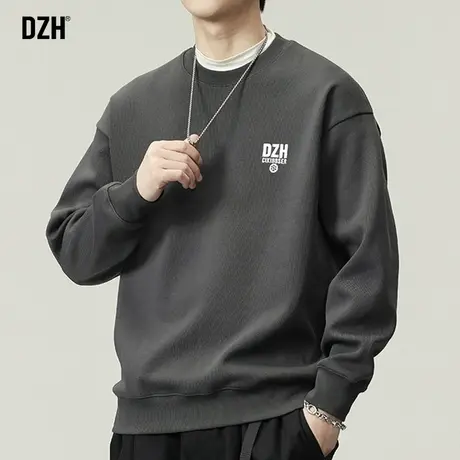 DZH男士刺绣无帽卫衣男秋季美式重磅圆领灰色长袖上衣男款外套潮商品大图