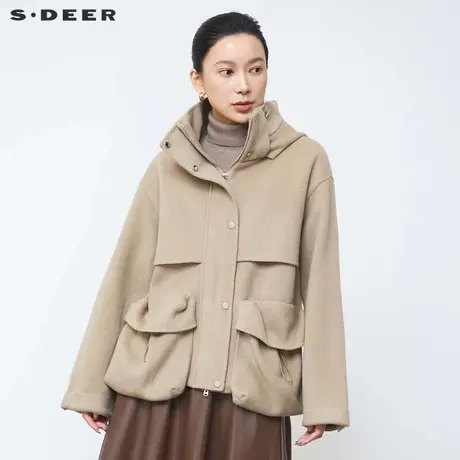 sdeer圣迪奥冬季女装高领连帽抽绳羊毛双面呢夹克S24482611商品大图
