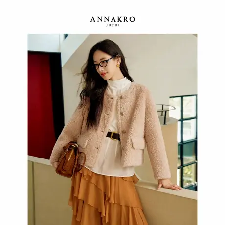 玖姿安娜蔻优雅静奢风100%羊毛颗粒绒短款外套女2025冬季新款图片