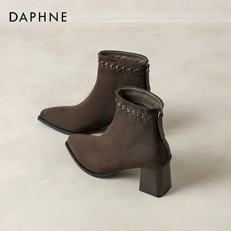 达芙妮高跟绒面短靴女2025秋冬新款靴子尖头瘦瘦靴棕色裸靴马丁靴商品大图